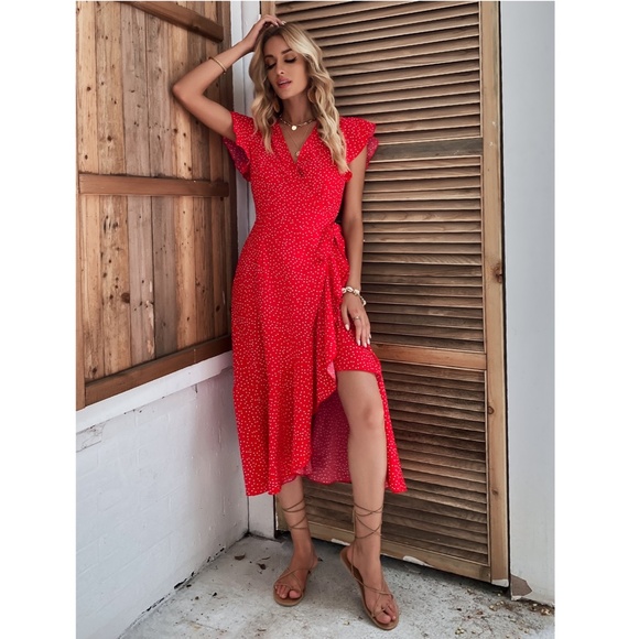Polka Dot Red Boho Wrap Midi Dress - Picture 5 of 11